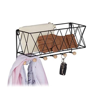 Relaxdays Wall Shelf Rail, Metal & Wood, Lattice Design, Coat Rack with 6 Hooks, HWD: 17 x 36 x 13 cm, Black, Iron