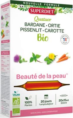 SUPERDIET - QUATUOR BEAUTÉ - Complexe à base de Bardane, Pissenlit, Carotte, Ortie -Fabrication Française-20 Ampoule de 15ml