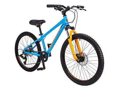 Schwinn Fleet mountainbike för pojkar, 24-tums däck, 30 cm ram av lättmetallegering, gaffelfjäder, 9 hastigheter, skivbromsar, orange/blå
