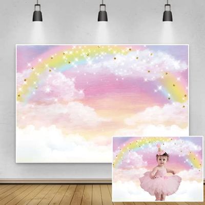 Renaiss 1.8x1.2m Regenboog Hemel Achtergrond Wolk Glitter Sterren Roze Hemel Zoete Fotografie Achtergrond voor Kinderen Meisjes Verjaardagsfeestje Decoraties Cake Dessert Tafel Banner Baby Douche Vinyl Foto Studio Props