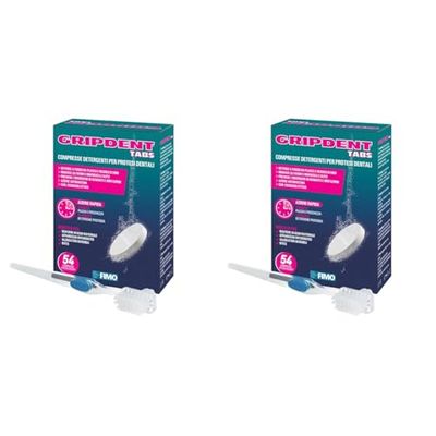Gripdent Tabs 54 - Compresse disinfettanti + spazzolino puliscidentiera - Disinfetta e sbianca dentiere, bites, paradenti, apparecchi ortodontici e dispositivi per l'apnea notturna (Confezione da 2)