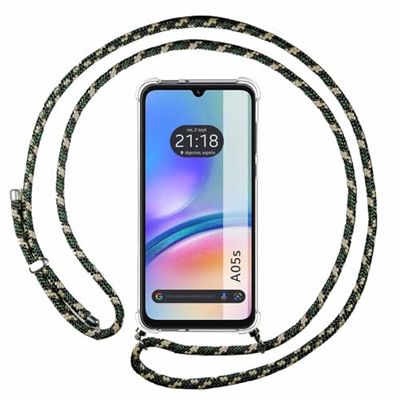 Tumundosmartphone Custodia a sospensione trasparente per Samsung Galaxy A05s con cordino verde/oro