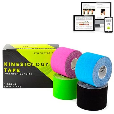 KALAHARI 4 Waterdichte Kinesiology Tapes plus E-Book toepassingen in het Nederlands – Synthetische Kinesiologie Tape voor een betere Hechting en Bestandbaarheid tegen Water en Zweet – Kinesio 5cm x 5m