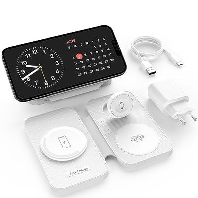 Chargeur sans Fil 3-en-1 Magsafe Chargeur à Induction Pliable 15W pour iPhone 15/14/13/12 Series, Apple Watch Et Air Pods Chargeur sans Fil de Voyage avec Chargeur USB C (Blanc)