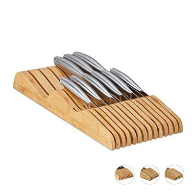 Relaxdays messenblok lade, zonder messen, liggend, bamboe, voor 13 messen, HBD: 5x17x40 cm, lade organizer, bruin