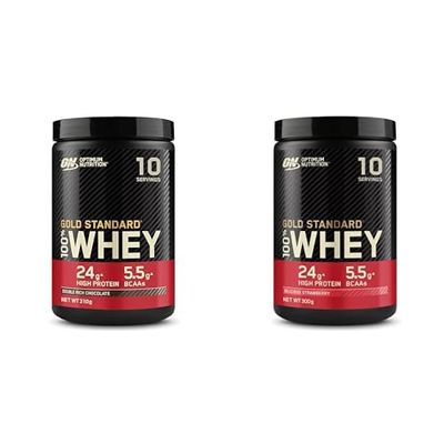 Optimum Nutrition Gold Standard 100 Percent Whey Muscle Building and Recovery Protein Powder with Naturally Occurring Glutamine and BCAA Amino Acids Double Rich Chocolate Flavour and Strawberry flavor