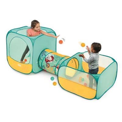 Ludi – Campo de Juego emergente Jungle – Cubo, túnel y Zona de Bolas – 3 Espacios Divertidos – 30 Bolas Incluidas – Ligero y portátil con Bolsa de Transporte – Estimula la Movilidad e imaginación