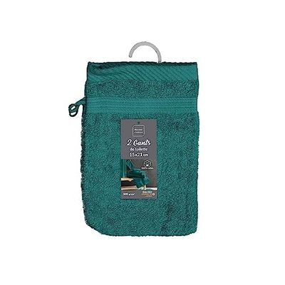 Douceur d'Intérieur, 2 guanti da bagno (15 x 21 cm) tenerezza smeraldo, spugna tinta unita
