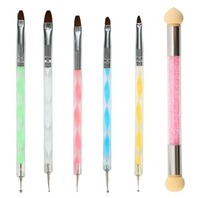 6 Pcs Kit de Pinceau Nail Art Ongles, Brosses de Ongle Art, 5 Pcs Dotting Pen Strass Nail Art Dotting Tools avec 1 éponge Rose pour Nail Art, Dessin Stylo Ensemble Outil À Ongles