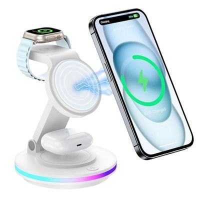 Mag Safe Oplaadstation, draadloze oplaadstandaard, 3-in-1 opvouwbaar inductief laadstation Apple Watch en 16 15 14, draaibare oplaadstandaard, draadloze oplader met nachtlampje