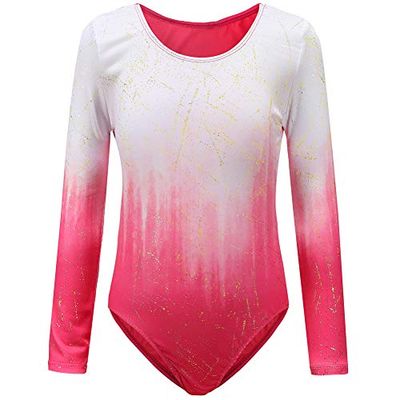 Sinoeem Turnpakje voor meisjes, ballet, kinderen, lange/korte mouw, zonder mouw, kleurverloop, ronde hals, gympakje voor meisjes van 3-12 jaar (regenboog - korte mouw, etiket 12A (11-12 jaar))