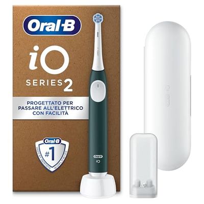 Oral-B iO 2 Spazzolino Elettrico Oral B, Verde, 1 Testina Di Ricambio, 1 Spazzolino, Custodia Da Viaggio, Supporto per Testine, Delicato sulle Gengive, Efficace sulla placca, Sensore di Pressione