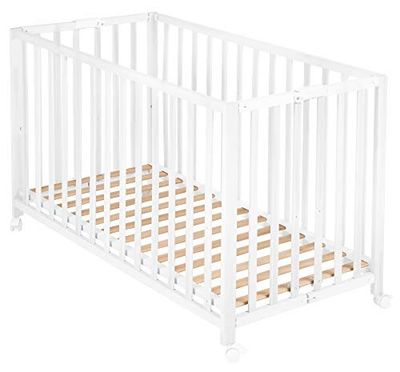 roba Baumann Berço de roupa dobrável 'Fold Up', berço de 60 x 120 cm, berço de madeira branca, berço ajustável em altura a 3 posições, economiza espaço e esta equipado com rodas com travões