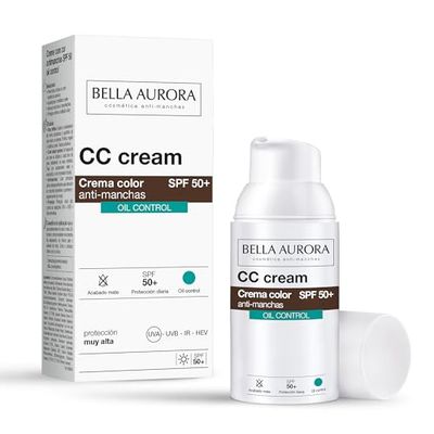 Bella Aurora Krem przeciwsłoneczny CC Anti-Plam SPF 50 do skóry tłustej mieszanej, 30 ml | Atena Plamy i niedoskonałości | Krem do twarzy Przeciw plamach | CC CREAM OIL FREE