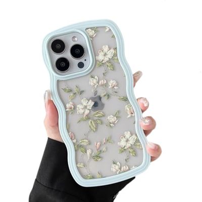 ZTOFERA Bloemen hoesje voor iPhone 12 Pro Max 6,7 inch, schattig krullend golf framevorm hoesje met groen blad bloemenpatroon voor vrouwen en meisjes, transparant, zacht, slank, schokbestendig
