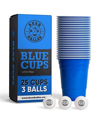 BEERBALLER® Blue Cups - 25 blauwe Beer Pong cups & 3 bierpong balletjes | vaatwasmachinebestendig & herbruikbaar | 473ml - 16oz party cups | bierpong cup set | Original American Beerpong cups