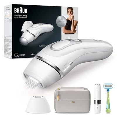 Braun Silk-expert Pro 3 Epilatore Luce Pulsata, Alternativa al Laser, Ideale per Zone Sensibili, Viso, Bikini e Ascelle, MicroHair Remover, 2 Testine, 1 Rasoio, Idea Regalo, PL3139 Bianco/Argento