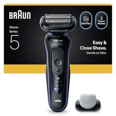 Braun Series 5 Electric Shaver, Up to 50 min, Body Groomer Attachment, Cordless, Wet & Dry Razor for Men, 100% Waterproof, 52-B1600S, Blue