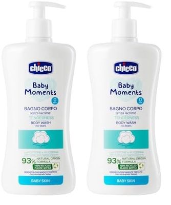 Chicco Baby Moments Bagno Corpo senza Lacrime, Bagnoschiuma Per Bambini, con Formula Naturale, Con Estratto di Cotone e Glicerina, Proprietà Emollienti, 0+ Mesi - 500 ml (Confezione da 2)