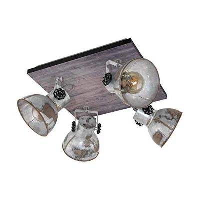 Eglo Candeeiro de teto Barnstaple, foco de teto vintage de 4 lâmpadas em design industrial, foco de parede retro de aço com aparência de zinco envelhecido, madeira, cor pátina castanho, preto, E27