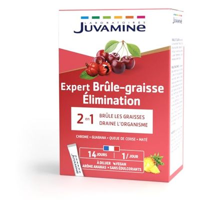 JUVAMINE - Brûle-Graisse Elimination - A base de Chrome, Guarana, Queue de Cerise et Maté - Arôme Ananas - 14 Sticks Minceur à Diluer - Fabriqué en France