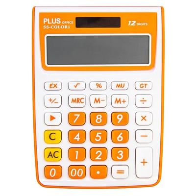 Plus Office – Calculadora Plus SS-Color de Sobremesa para Oficina, Escuela y Negocio, Pantalla LCD de 12 Dígitos, Calculadora de Escritorio con Alimentación Doble Solar y Batería (Naranja)