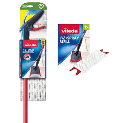 Vileda 1-2 Spray Scopa Lavapavimenti a Spruzzo con Ricambio in Microfibra, Rosso