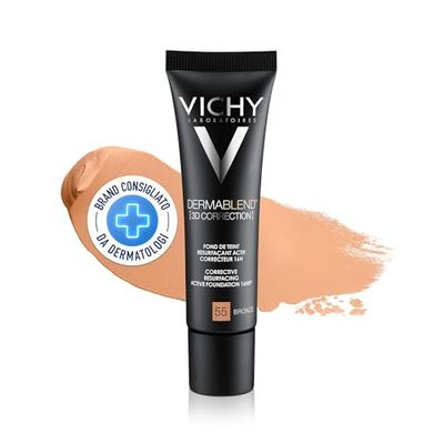 Vichy Dermablend Fondotinta Fluido 3D Correction, Ad Alta Coprenza, Imperfezioni Nascoste e Incarnato Uniforme, Per Pelli Grasse e Impure, Con Acido Salicilico, Tonalità: 55, 30 ml