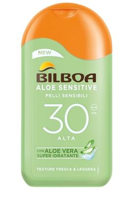 Bilboa Aloe Sensitive SPF 30, Latte Solare Alta per Pelli Sensibili, Formula con Aloe Vera, Protegge e Idrata le Pelli Sensibili, 200 ml