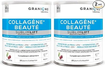 Collagene + Beauté Sublimlift GRANIONS | LOT de 2 | Collagène Marin de Type 1 | 12g, Breveté par Portion | Acide Hyaluronique + Vitamine C, E + Coenzyme Q10 | Poudre 300g x 2