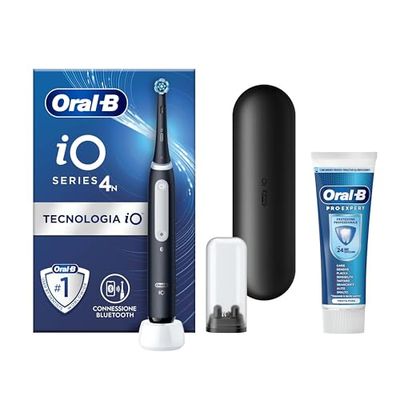 Oral-B Spazzolino Elettrico Ricaricabile iO 4 Nero, 1 Testina Di Ricambio, 1 Custodia Da Viaggio +Dentifricio Pro-Science Advanced Rigenera Smalto 75ml
