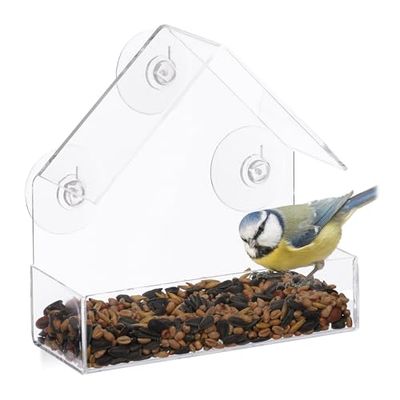 Relaxdays Alimentador pássaros para janela com 3 ventosas, vidro acrílico e PVC, transparente, 15 x 15 x 7 cm