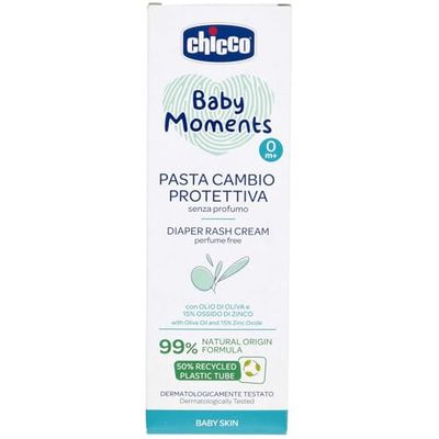 Chicco Baby Moments Schützende Wickelcreme, Wickelpaste, mit Zinkoxid, sanfte Formel, schützt vor Windelreizungen, parfümfrei, 100 ml