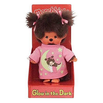 Sekiguchi- Original Monchhichi Mädchen 223732-Originale Ragazza, Peluche, Camicia da Notte Rosa, Elementi Glow in The Dark e codini con Fiocchi, Alta Circa 20 cm, Singolo, Colore Marrone, 0, 223732