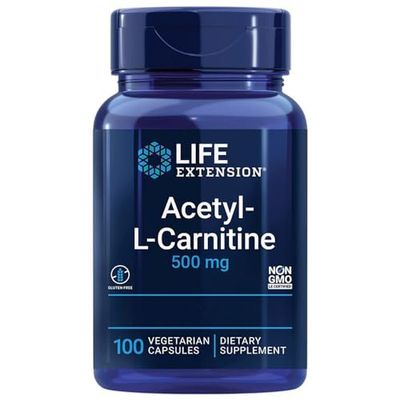 Life Extension, Acetyl-L-Carnitin, 500mg, avec Vitamine C, Hautement Dosé, 100 Capsules végétaliennes, Sans Gluten, Végétarien, Sans Soja, Sans OGM
