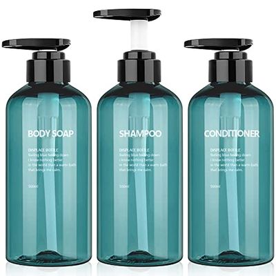 WeeGoo Lot de 3 distributeurs de Savon vides en Plastique Bleu 500 ML réutilisables et Rechargeables avec Liquide de Lavage pour Les Mains, Gel Douche, shampooing et après-shampoing