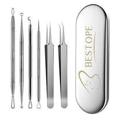 Blackhead Remover, 6 Pieces Acne Remover Set - Tweezers Set with Metal Case Blackhead Remover Tool Made of Stainless Steel