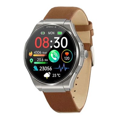 Knauermann PRO 3 (2024) zilver - gezondheidshorloge smartwatch met telefoonfunctie - ECG + HRV en SOS-functie - AMOLED-display, BT Bluetooth - slaapapneu - echt lederen band bruin, 14-24, rond, bruin,