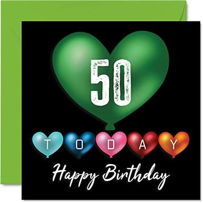 Fun 50th Birthday Cards for Men Woman - Heart Balloons - Happy Birthday Card for Dad Mum Grandad Nanny Grandma Uncle Auntie Cousin Friend, 145mm Greeting Cards