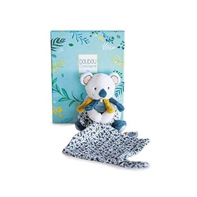 Doudou et Compagnie - Peluche Koala avec Doudou Mouchoir Imprimé - Yoca le Koala - Bleu - 15 cm - Boite Cadeau - Idée Cadeau Naissance Fille ou Garçon - Garantie Doudou Perdu - DC3667
