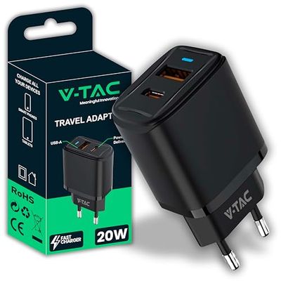 V-TAC Caricatore Rapido 20W USB-C per Iphone e Samsung – Ultra Veloce per Smartphone e Dispositivi – 2 Porte USB Type C e USB A per Iphone 13/14 / 15/16 PRO/MAX e Galaxy S24 / S25 / S26
