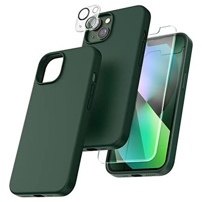 TOCOL 5-in-1 hoesje voor iPhone 13, 6,1 inch, met 2 stuks schermbeschermer van gehard glas + 2 stuks cameralensbeschermer, vloeibare siliconen slanke schokbestendige hoes [kras] [valbescherming],