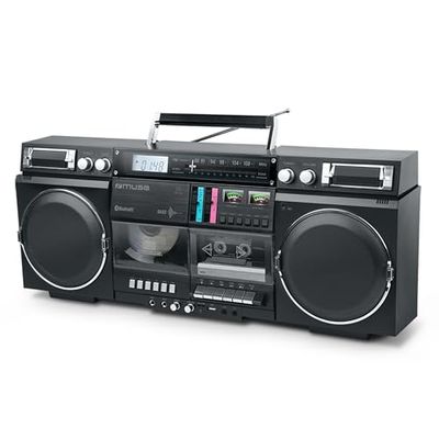 MUSE Boombox Bluetooth rétro avec Radio, CD, enregistreur Cassette, Puissance de Sortie 80 W, USB, AUX, Fente pour Carte Micro SD