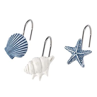 Avanti Linens Abstract Coastal Collection Lot de 12 Crochets de Douche en métal, Blanc/Bleu