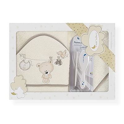 Interbaby - Capa de Baño Bebe Blanco/Beige + Peines Bebe | Toalla con Capucha Algodón, 100x100cm, Unisex | Suave, Secado Rápido | Ideal Recién Nacidos, Bebes y Niños Pequeños | Diseño Tendedero Oso