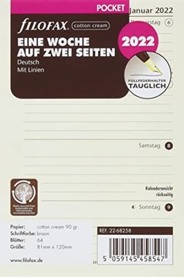 Filofax Bolsillo 1 semana en 2 páginas algodón crema (alemán) 2022 22-68258