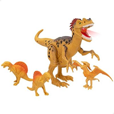 COLORBABY 49777 - Set 4 dinosaurios de juguete para niños con Luz y Sonido / Juguete dinosaurio, incluye 4 dinos: 1 dinosaurio grande y 3 dinosaurios pequeños