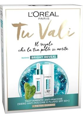 L'Oréal Paris Bright Reveal julbox med UV-vätska SPF50+, fläcksäkert serum och Gua Sha-sten, för alla hudtyper, reducerade fläckar och enhetliga hudfärger, 50 ml + 30 ml