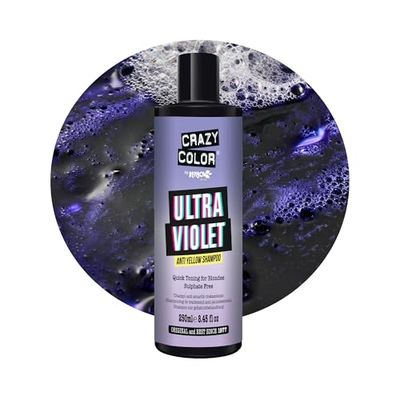 Crazy Color Ultra Violet Anti Yellow Shampoo | Tone Blonde Hair and Neutralise Brassy Tones | For Ash, Champagne, Pearl Blondes. Bleached and Natural Hair. Vegan, Cruelty & Sulphate Free, 250ml