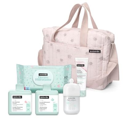Suavinex, Torba do wózka dla niemowląt z kosmetykami: żel Syndet szampon 300 ml + balsam nawilżający 300 ml + maść na pieluchy 50 ml + Baby Cologne 100 ml + chusteczki 60 szt. Prezent dla noworodka,